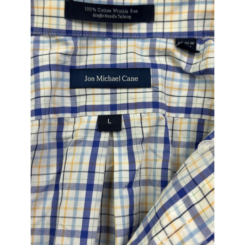 Jon Michael Cane Men's Large Plaid Button Down Shirt Blue Yellow Wrinkle‎ Free L